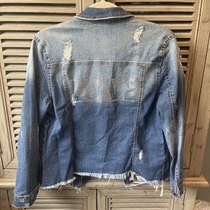 Denim Jacket Distressed LOVE Rhinestone Raw Hem Small